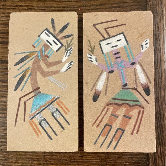 Pair Navajo Sand Art Painting  American Southwest Vintage On Wood MCM - Picture 1 of 9